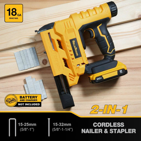 Badass Two In One Cordless Brad Nailer And Quarter Crown Stapler Fits All Standard 20V Max Packs on wooden surface with staples.