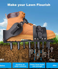 Lawn Aerator Shoes With 26 Stainless Steel Nails Adjustable Loop Strap and Snap On Buckle on soil cross-section illustration.