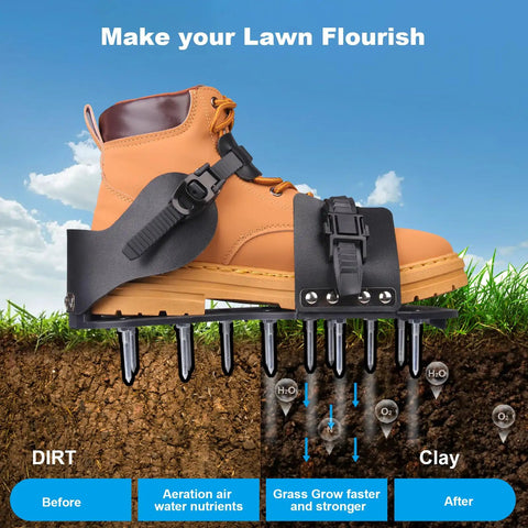 Lawn Aerator Shoes With 26 Stainless Steel Nails Adjustable Loop Strap and Snap On Buckle on soil cross-section illustration.