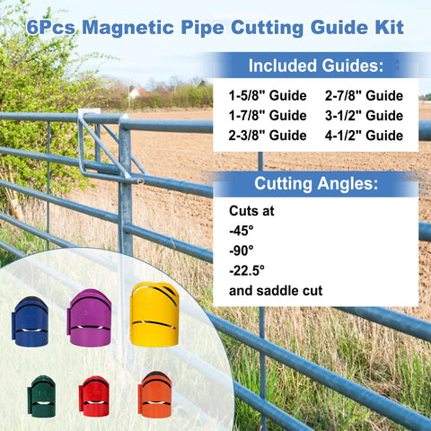 Magnetic Pipe Cutting Guide Kit on fence; 6 steel templates, various sizes and angles for on-site pipe layout marking