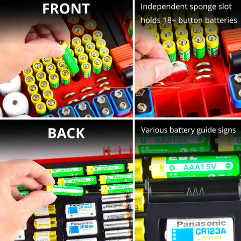 Massive 269 Battery Organizer Case With Built In Tester Dual Sided Storage For AA AAA 9V C D 18650 And Button Cells Keeps Batteries Sorted Easy Access And Ready For Any Household Project front and back view
