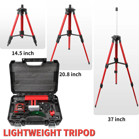 4D Self Leveling Laser Level With 16 Lines And 4x360 Degree Coverage in case with red aluminum 40 inch tripod, IP54 waterproof