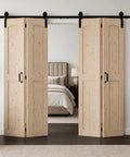 Heavy Duty 80 Inch Double Bifold Barn Door Hardware Kit With Super Slick Spring Steel Tracks And Smooth Glide Rollers For Rustic Spruce Wood Closet Doors in a modern bedroom.