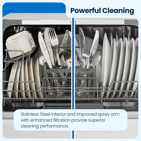 Compact Countertop Dishwasher With No Sweat Faucet Hookup Six Place Setting Capacity Six Rapid Wash Cycles Heavy Duty Silverware Tray Matte White Build showing stainless steel interior with dirty and clean dishes.