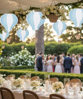 Blue White 6 Pack Hanging Hot Air Balloon Paper Lanterns Set at outdoor wedding reception, 12 inch reusable balloons displayed.