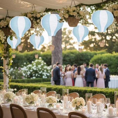 Blue White 6 Pack Hanging Hot Air Balloon Paper Lanterns Set at outdoor wedding reception, 12 inch reusable balloons displayed.