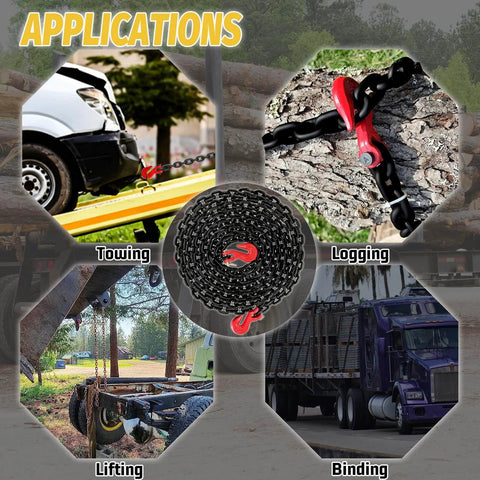 Applications of One Quarter Inch Log Chain, Twenty Foot Heavy Duty G80 Chain With G70 Clevis Grab Hooks, EP Black, for towing, logging, lifting, binding.