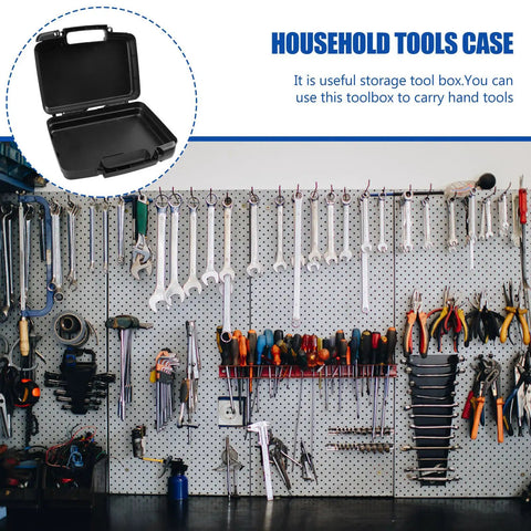 Premium Badass Tool Case Organizer With Secure Removable Tray Inserts, Heavy Duty Black Plastic Hardshell Crate For Stackable Workshop Storage And Mechanic Gear on a workbench.