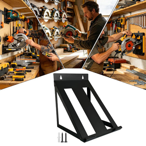 Heavy Duty Circular Saw Storage Hanger for Garage and Workshop, steel mount organizing tools on wall in workshop settings.