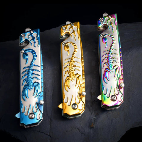 Folding Pocket Knife With 3D Titanium Plated Scorpion Handle Dope Rainbow Finish on dark background