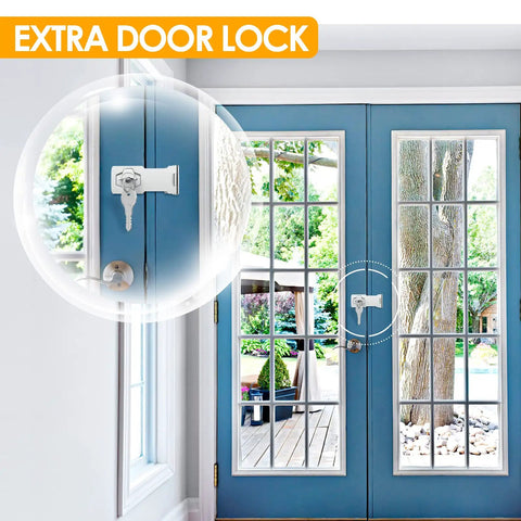 Three Inch Zinc Alloy Chrome Finish Cabinet Lock With Key installed on patio double doors showing secure kid proof storage