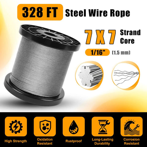 Heavy Duty Wire Rope Crimping Tool Kit With 1/16 Inch Stainless Steel Cable And Cutter, Pro Grade Crimper, 210 Aluminum Crimp Loop Sleeves, 50 Pcs Thimbles, Gloves For Railing, String Lights, And Fishing. 328 ft 1/16 in steel wire rope spool