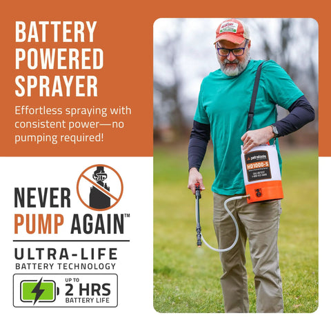 Man using Battery Powered 1 Gallon Sprayer With Rechargeable Battery And Charger for lawn care, no pumping needed, outdoors.