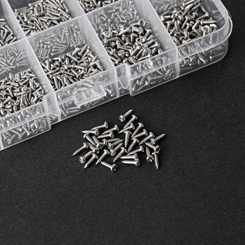 Ultra Handy 1200-Piece Mini Screw Kit for glasses, electronics, and jewelry repairs, nickel plated rust-resistant screws, organized in box.