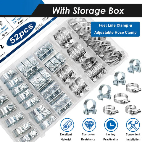 52Pcs Fuel Line Clamp Kit For Auto Repair And Maintenance Includes 8-18mm Hose Clamps And Adjustable From 1/4 Inch To 1-1/8 Inch (6-29mm), 304 Stainless Steel, 10 Sizes, Beefed Up Heavy Duty Automotive Gas Line Clamps in storage box