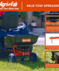 Tow Broadcast Spreader 85 Lb Capacity For Lawns, Spreads Up To Ten Feet, Covers About Fourteen Thousand Sq Ft, 10 Inch Pneumatic Tires