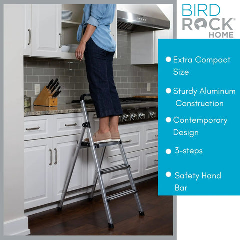 Lightweight Aluminum 3 Step Ladder With Wide Non Slip Steps Foldable Stepladder For Kitchen Pantry Closets And Home Office Space Saving Indoor Use Handy Portable Step Stool Durable Silver Finish in kitchen