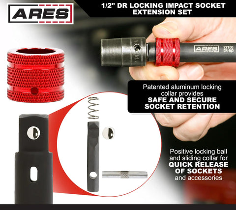 ARES 1/2 inch drive locking impact socket extension set with red aluminum collar and quick release mechanism.