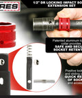 ARES 1/2 inch locking impact socket extension set with red locking collar for secure socket retention in hand
