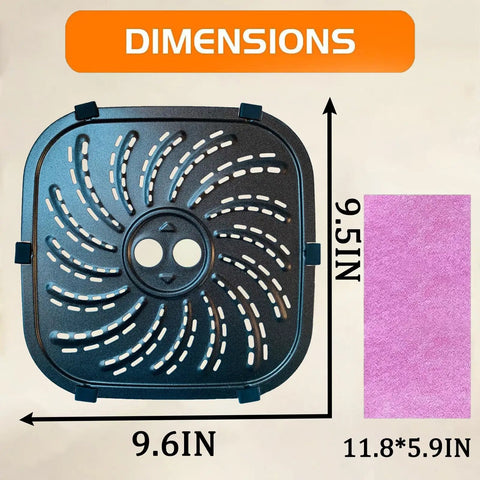 Dimensions of Upgraded Heavy Duty 8QT Air Fryer Grill Plate With Killer Nonstick Coating, 9.6 x 9.5in, compatible with PowerXL Vortex.