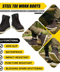 Six Inch Moc Toe Steel Toe Boots For Men Waterproof Leather Non Slip Safety Work Boots Durable Construction Western Brown US Size Nine Point Five