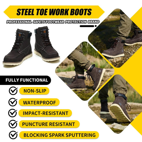 Six Inch Moc Toe Steel Toe Boots For Men Waterproof Leather Non Slip Safety Work Boots Durable Construction Western Brown US Size Nine Point Five