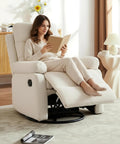 Woman reading in a beige Rocking Recliner Chair With 360 Degree Swivel Glider And Manual Recline, Corduroy Fabric Upholstery.