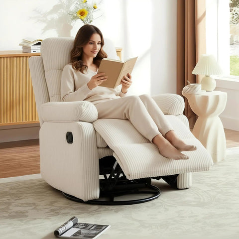 Woman reading in a beige Rocking Recliner Chair With 360 Degree Swivel Glider And Manual Recline, Corduroy Fabric Upholstery.