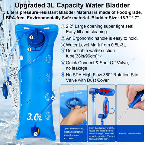 Hydration Backpack With 3L Bladder 18L Leakproof Daypack For Trail Running Cycling Rave Festivals And Outdoor Sports Keeps Water Cold Up To 4 Hours Lightweight Water Pack For Men And Women Blue, showing 3L bladder details
