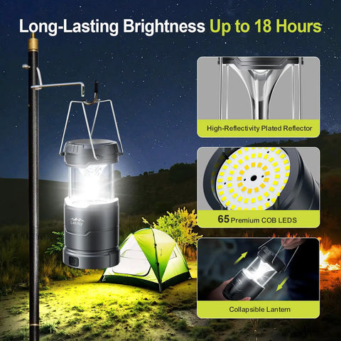 Ultra Bright LED Camping Lanterns 4 Pack For Power Outages with 65 COB LEDs and collapsible design, night scene.