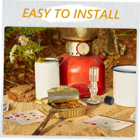 Portable Gas Blowtorch Head For Camping And Outdoor Cooking next to a red kettle and cups on a wooden surface with cards.