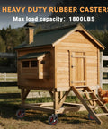 Rugged 6 Inch Heavy Duty Caster Wheels Set Of Four With Knockdown Brakes, Rock Solid 1800 Pound Capacity swivel casters on a wooden chicken coop.