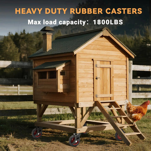 Rugged 6 Inch Heavy Duty Caster Wheels Set Of Four With Knockdown Brakes, Rock Solid 1800 Pound Capacity swivel casters on a wooden chicken coop.