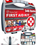 Swiss Safe large hardcase first aid kit in red-gray, front view showing 348 items and bonus mini kit