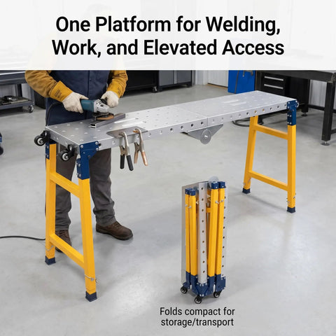 Hella Heavy Duty Collapsible Welding Table 1100 Lb Foldable Steel Workbench For Metalworking shown in use with tools attached.