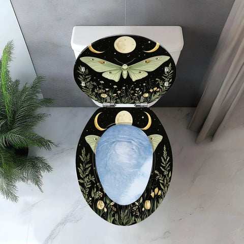 Elongated Resin Toilet Seat for Bathroom with butterfly and moon design, top view, suitable for various toilet sizes.
