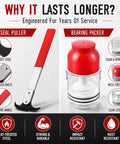Two In One Bearing Packer And Seal Puller Tool Kit with red handle and heavy-duty steel, designed for efficient hub maintenance.