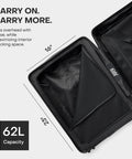July Carry On Max Expandable 21.5-inch luggage with travel tote; dark brown exterior, open view of interior mesh compartments