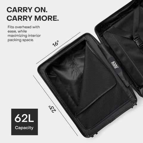 July Carry On Max Expandable 21.5-inch luggage with travel tote; dark brown exterior, open view of interior mesh compartments