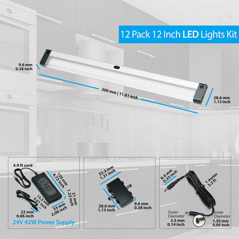 Hand Wave Activated Under Cabinet Led Lighting Kit Dimmable 12 Pack 12 Inch Lights with power supply and connectors