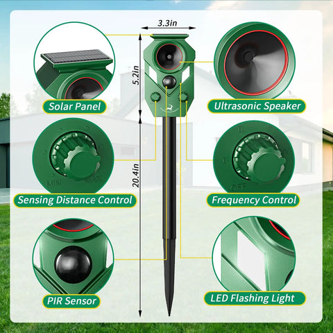 Solar Powered Ultrasonic Animal Repellent With Motion Sensor For Outdoor Yards And Gardens, LED Flashing Lights To Deter Deer Coyotes Raccoons And Cats, Humane Yet Effective Pest Deterrent For A Peaceful Pet Safe Yard. Green 20.4in stake