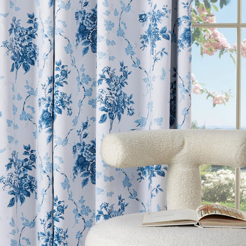 Blue Floral 100 Percent Blackout Curtains 2 Panels With Grommet Top 84 Inches Long Thermal Window Treatments Rose Pattern Sound Reducing For Living Room OEKO TEX Certified W52 X L84 shown installed