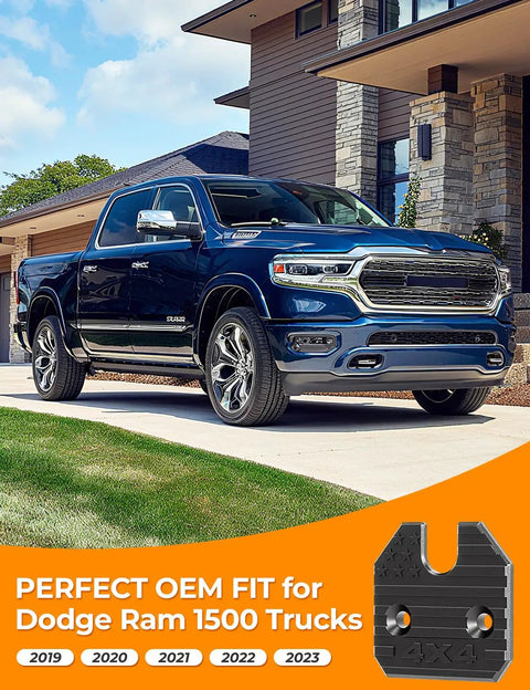 Front view of a blue RAM 1500 truck parked in front of a house with an inset of the Sun Visor Repair Kit for RAM 1500 2019-2023 Aluminum Clip Replacement