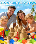 Family playing on beach with Epic 19-Piece Beach Sand Toy Set for kids, including colorful molds, shovels, water wheel, and watering can.