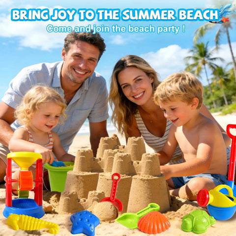 Family playing on beach with Epic 19-Piece Beach Sand Toy Set for kids, including colorful molds, shovels, water wheel, and watering can.