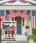 Memorial Day porch decor with stars and stripes banner, American flag patterns, and soldiers. Patriotic Memorial Day Garden Flag displayed.