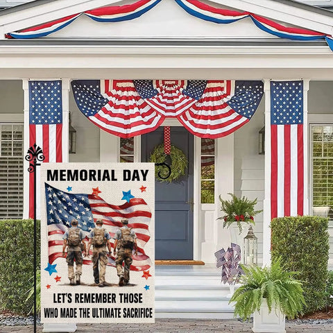 Memorial Day porch decor with stars and stripes banner, American flag patterns, and soldiers. Patriotic Memorial Day Garden Flag displayed.