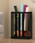 Ball Storage Organizer Basket For Garage, Gym, Or Playroom, Wall Mounted Or Freestanding, holding balls and yoga mats, in black.