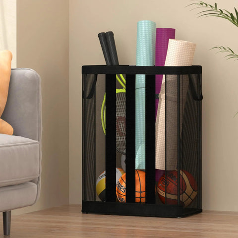 Ball Storage Organizer Basket For Garage, Gym, Or Playroom, Wall Mounted Or Freestanding, holding balls and yoga mats, in black.