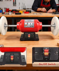 Heavy Duty Bench Buffer With Dual Eight Inch Buffing Wheels, High Speed Polishing Machine For Jewelry Metal Wood And Kitchen Knives, Badass Daily Grind Tool showing on/off switch and dual buffing wheels.